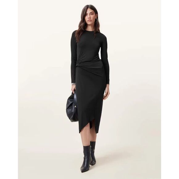 NEW, ALLSAINTS RIVI DRAPED LONG SLEEVE MIDI DRESS IN BLACK SIZE 8 US - Picture 4 of 7